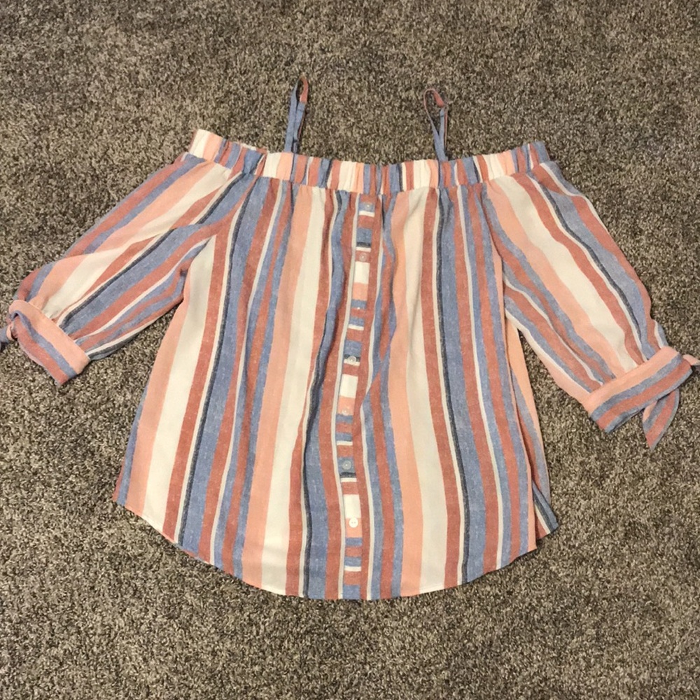 A. Byer off the shoulder striped top size Large